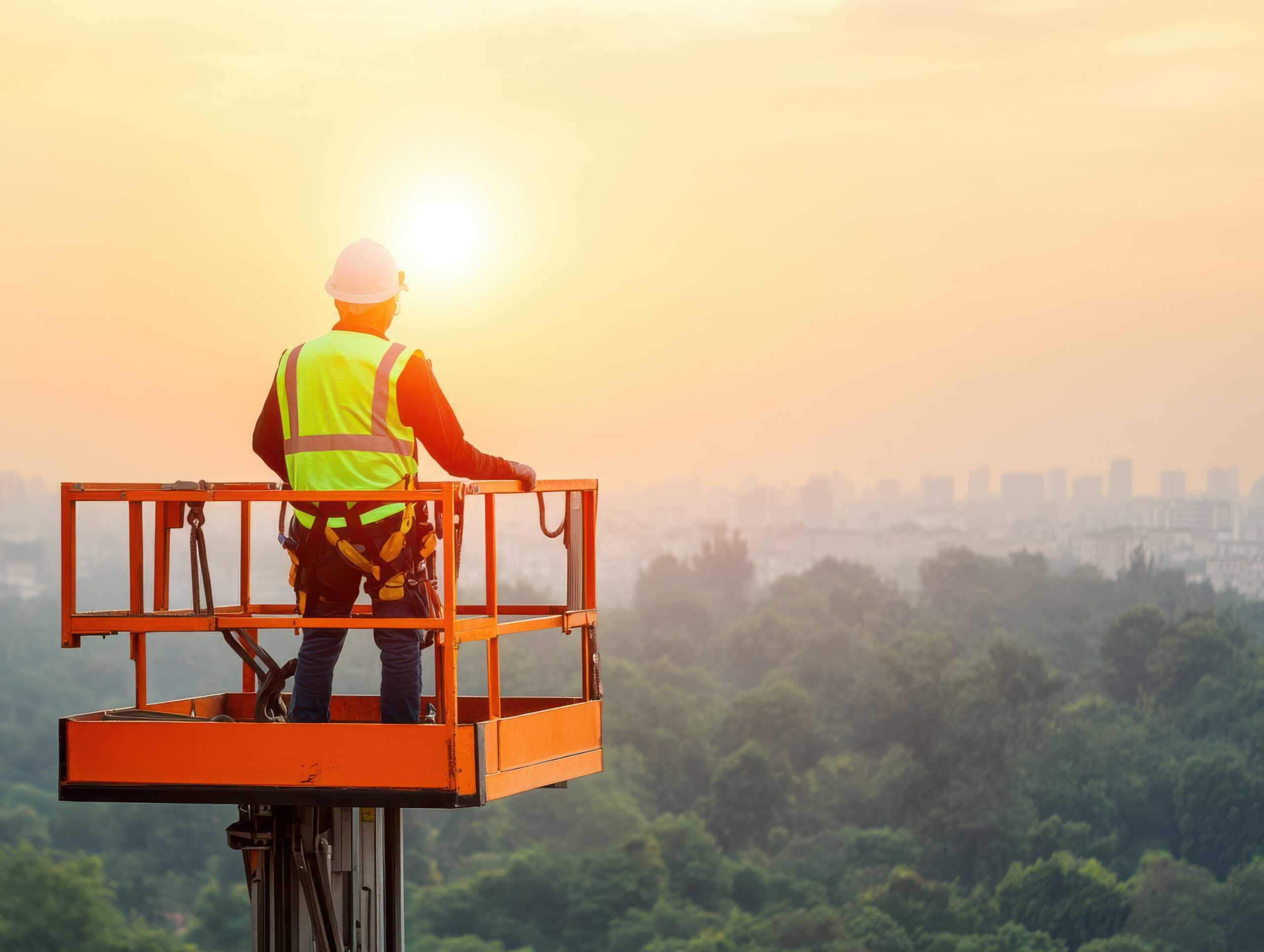 Worker on a platform at sunrise overseeing a cityscape.